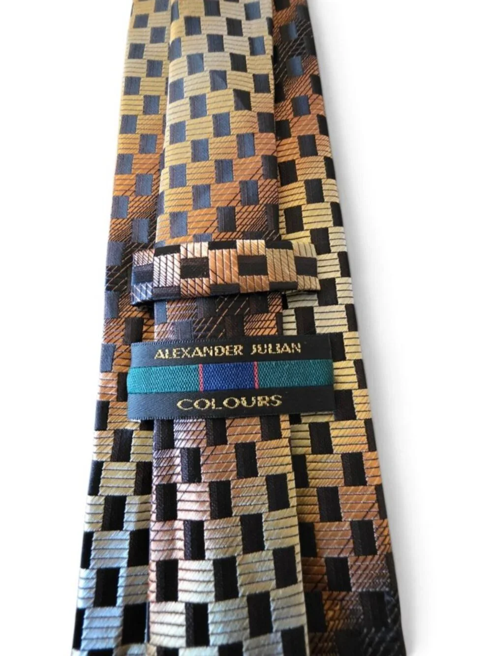 Alexander Julian Colours Men’s Tie Gold Black Geometric Check Plaid